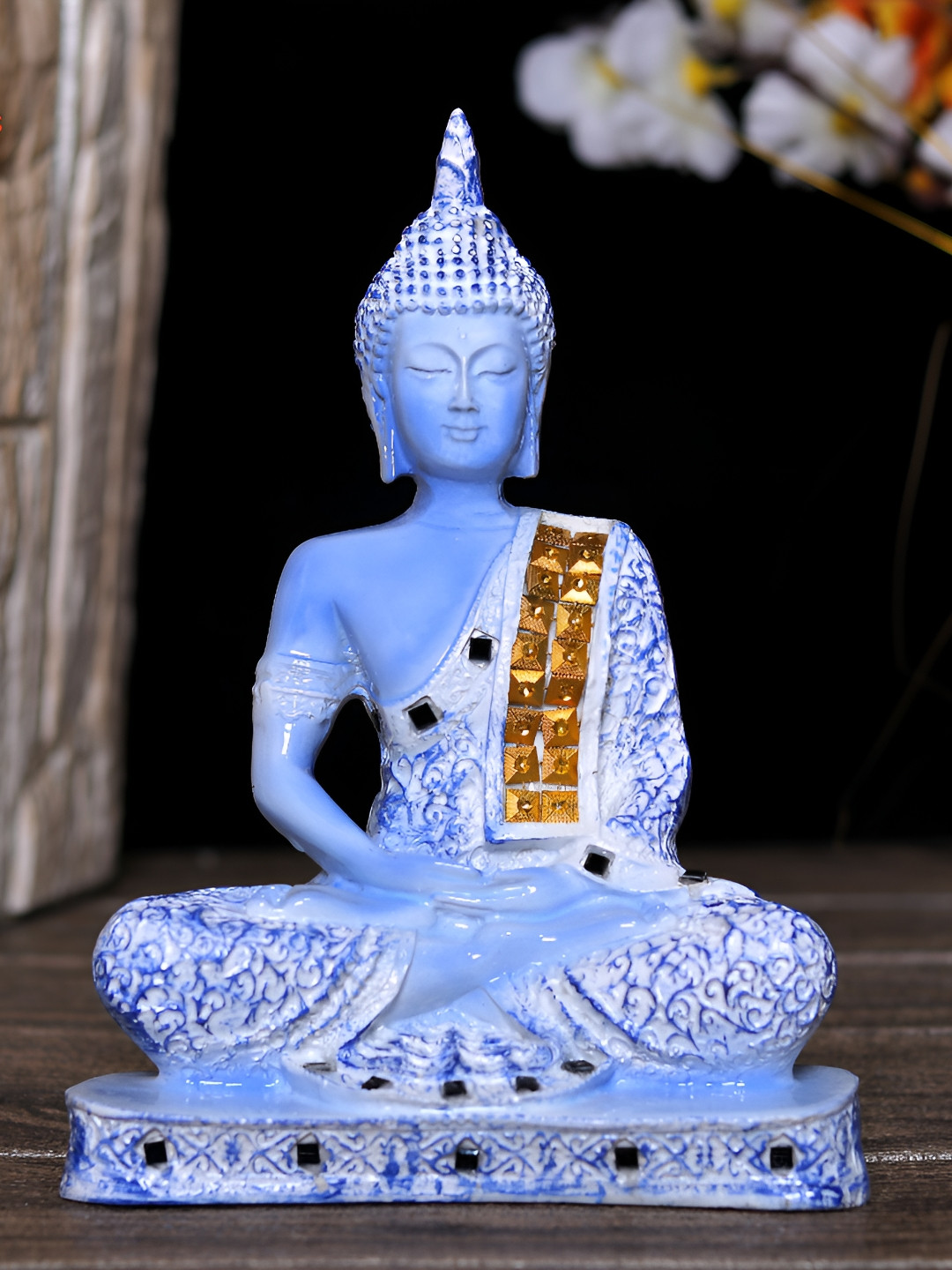 Aura Meditating Buddha Blue Polyresin Glossy Living Room Small Showpiece - 9.4 Inches