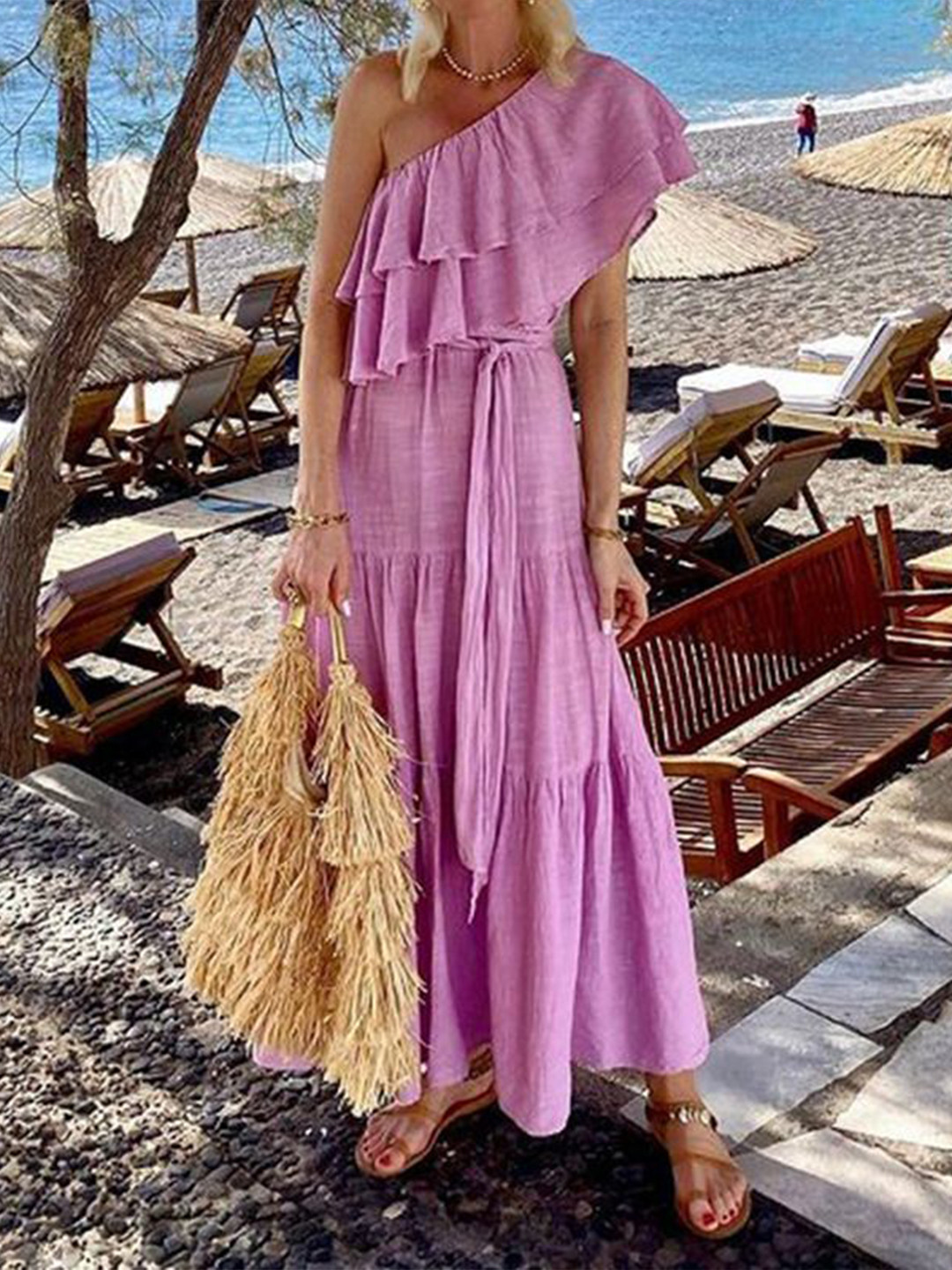 bebe Red V-Neck Ruched Waist Tiered Puff Sleeve Maxi Dress