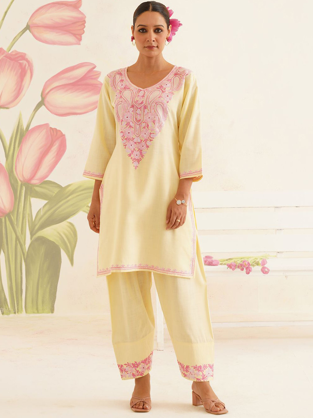 Kashmir Box Kashmiri Aari Embroidery Yellow Cotton Co-Ord Set