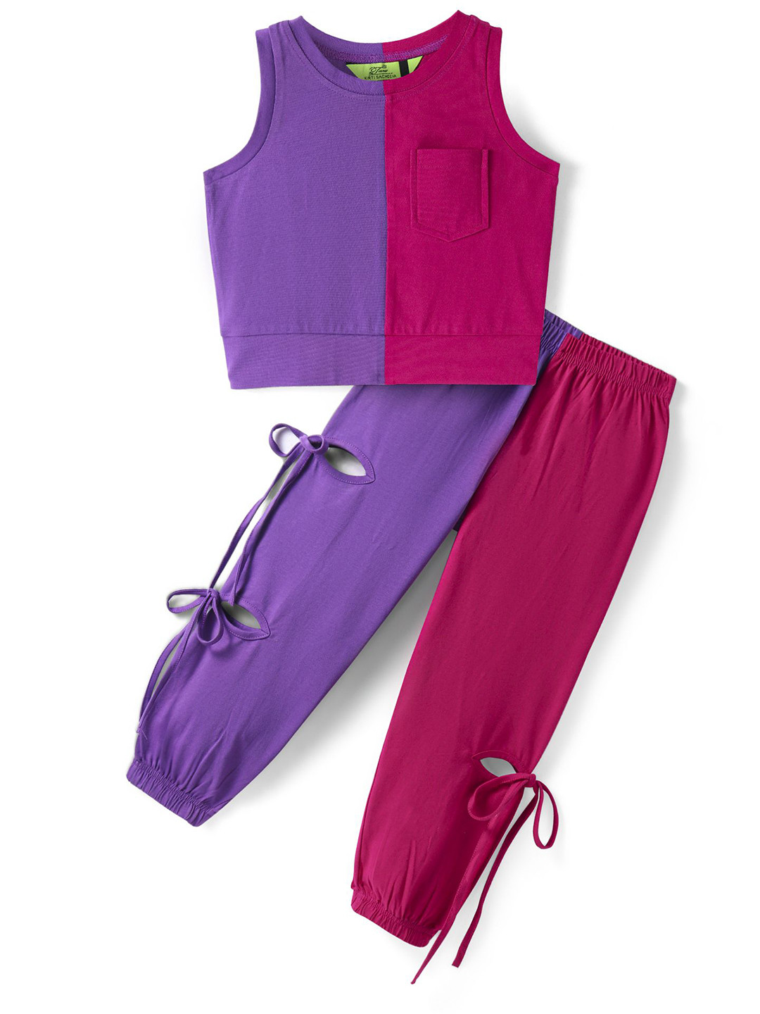 Tiara Girls Sleeveless Color Block Top With Joggers Set