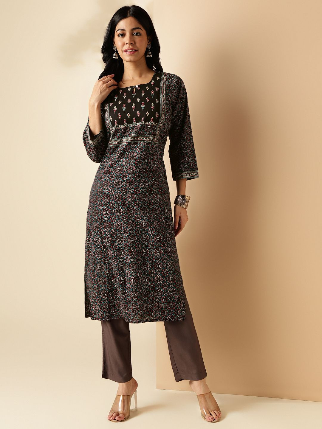 KALINI Women Kalamkari Print Keyhole Neck Panelled Cotton Kurta