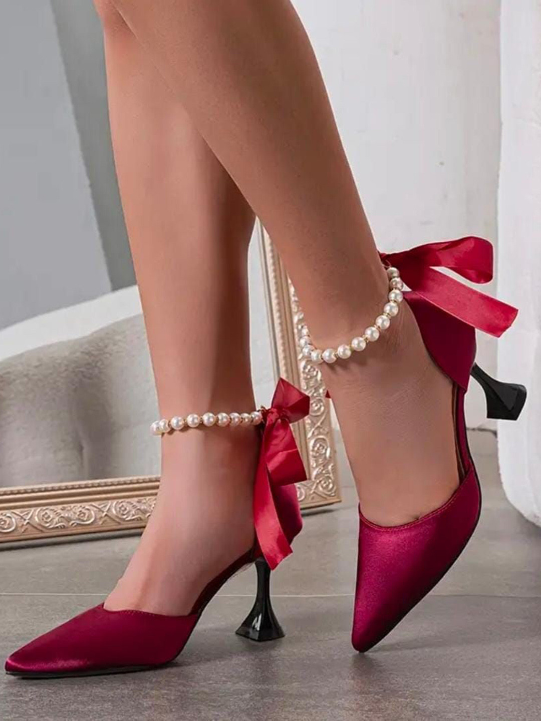 LUXY SHOE Women Maroon Kitten Pumps With Western - Embellished