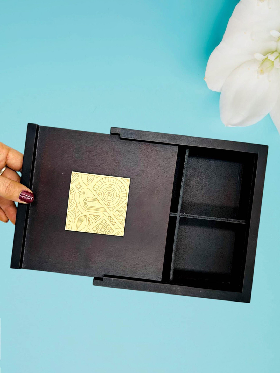 Angira Handicrafts Black Floral Wood Flip Top Box Container Set