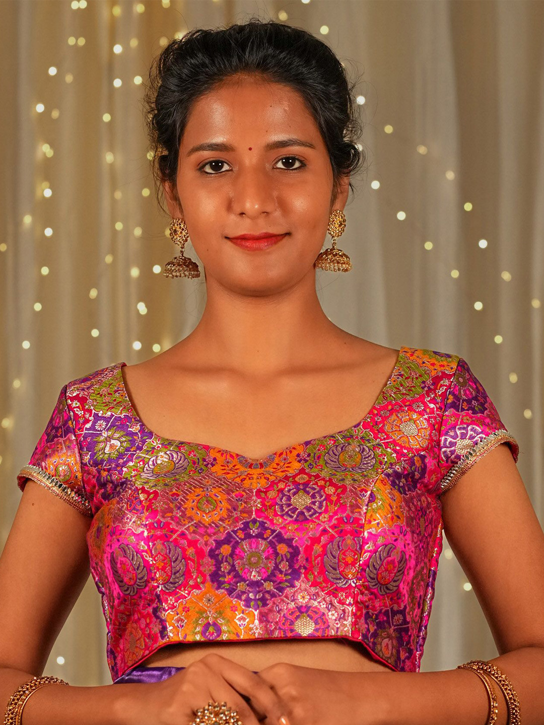 I Love Sarees Pink Golden Zari Cap Sleeve Banarasi Blouse