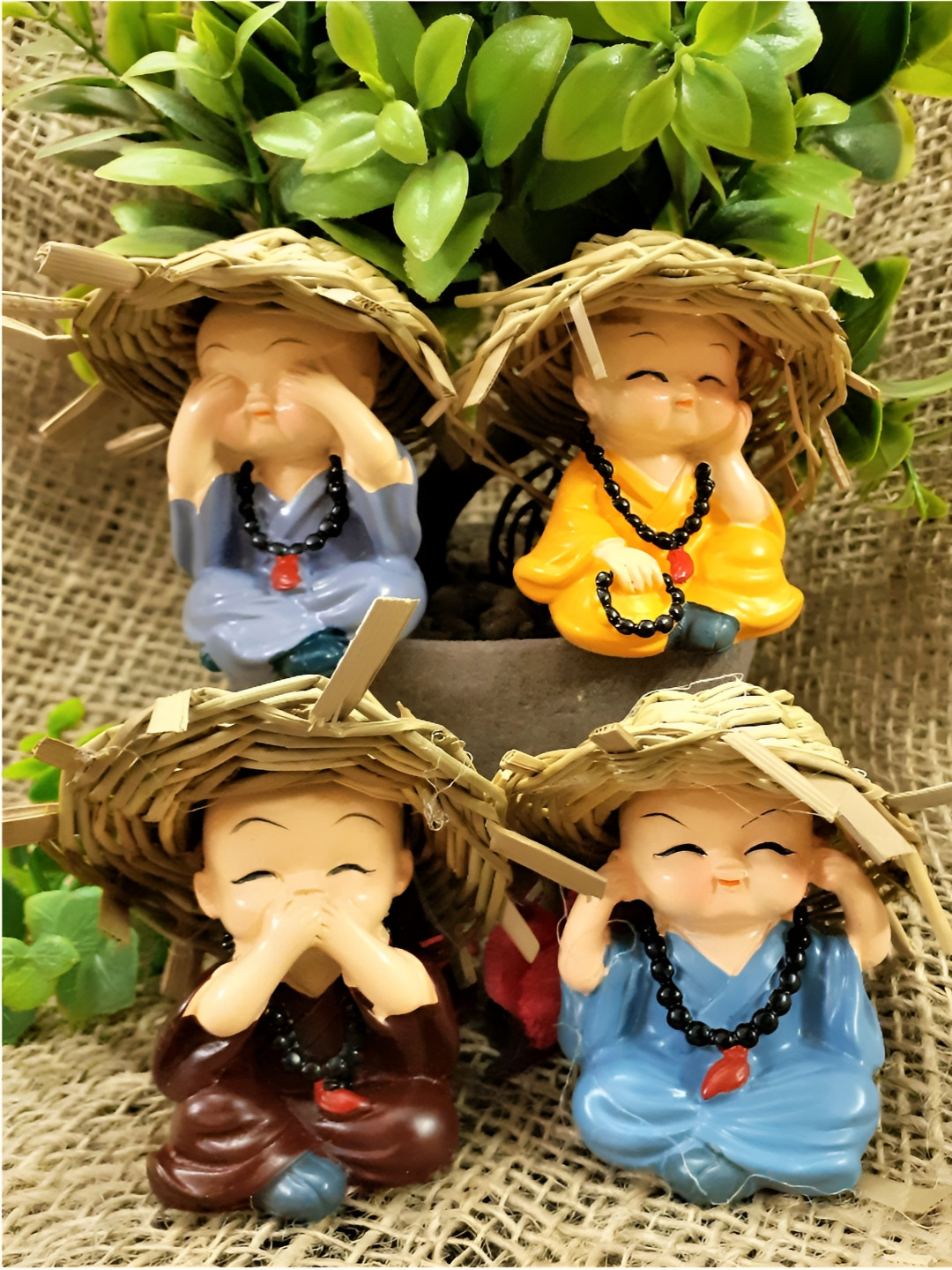 Afterstitch Baby Buddha Monk with Mala Blue Polyresin Matte Living Room Set of 4 Tiny Showpieces - 3.1 Inches