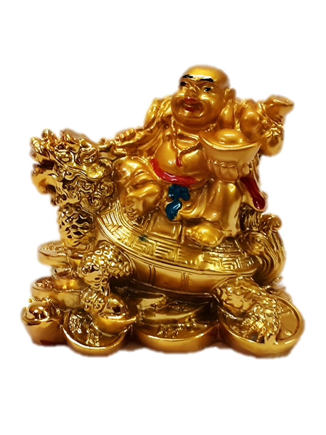 Afterstitch Laughing Buddha Sitting On Dragon Tortoise Gold Polyresin Natural Living Room Small Showpiece - 3.1 Inches
