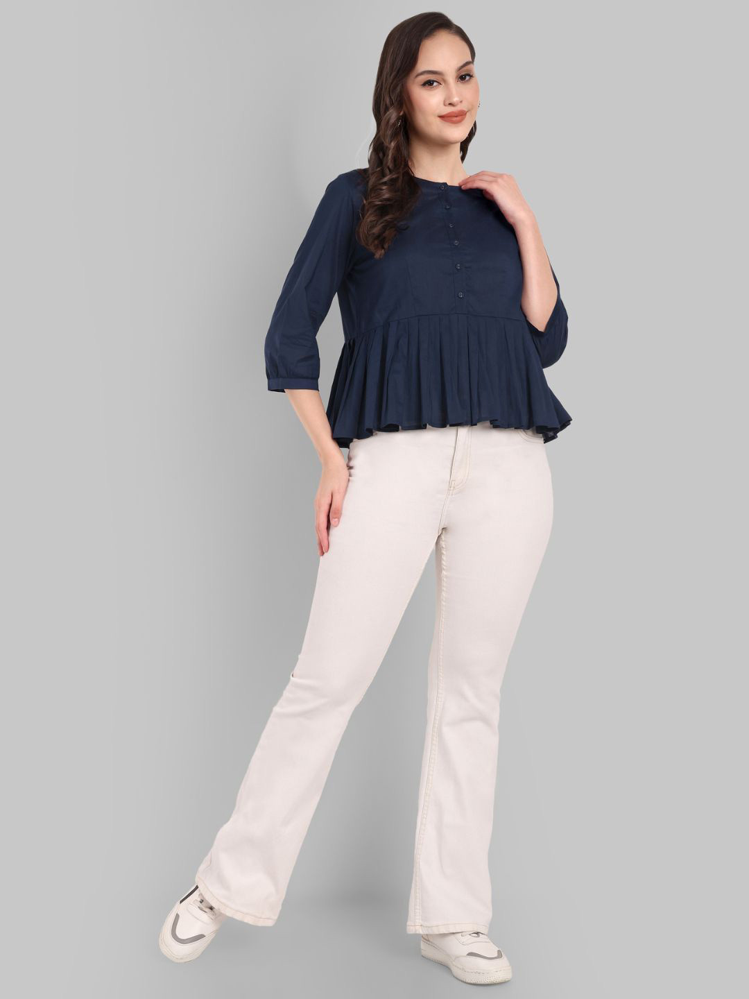 Mera Rang Round Neck Cotton Peplum Pleated top