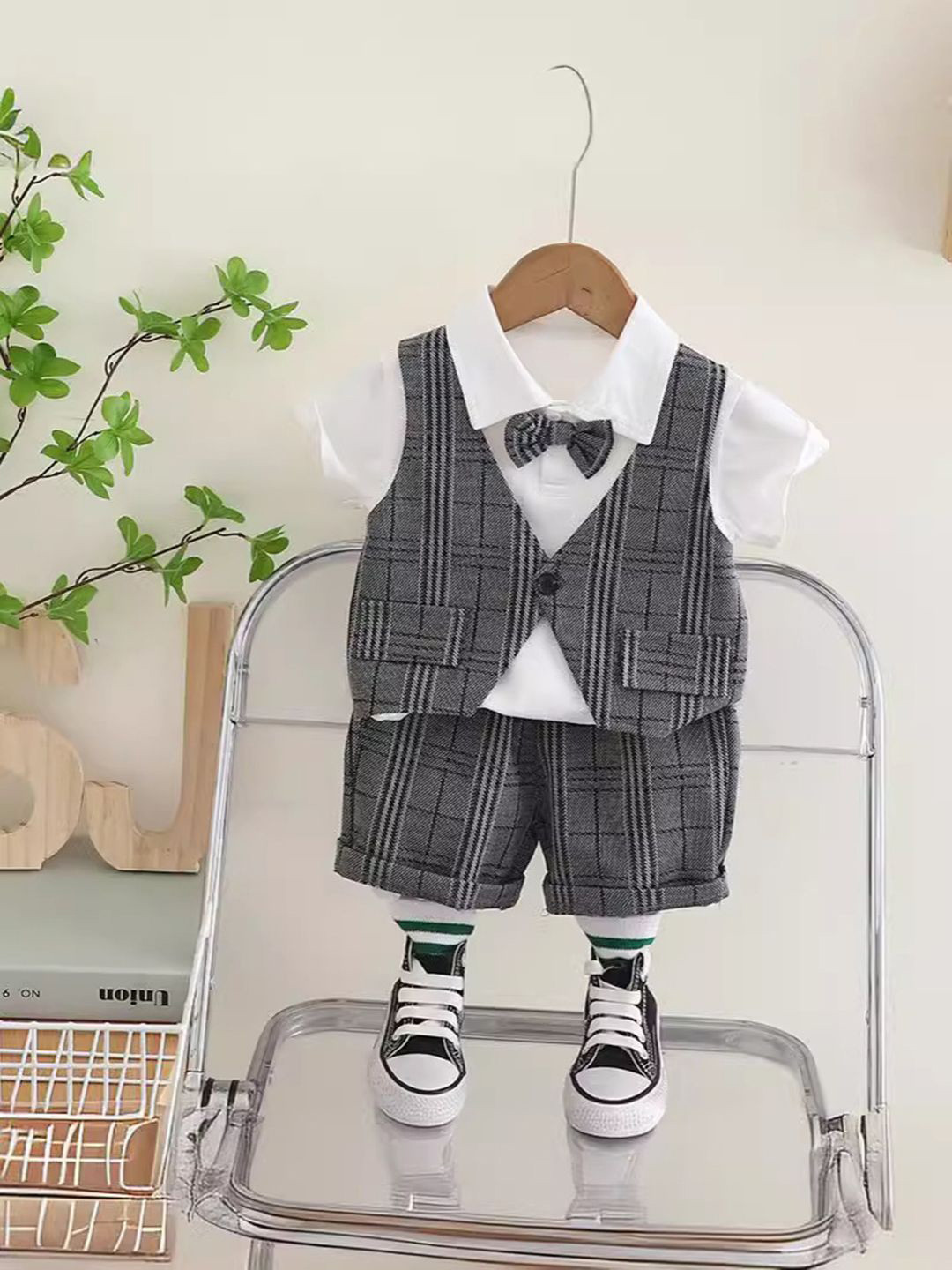 YK Boys Checked Polo Collar T-shirt With Attached Waistcoat & Shorts