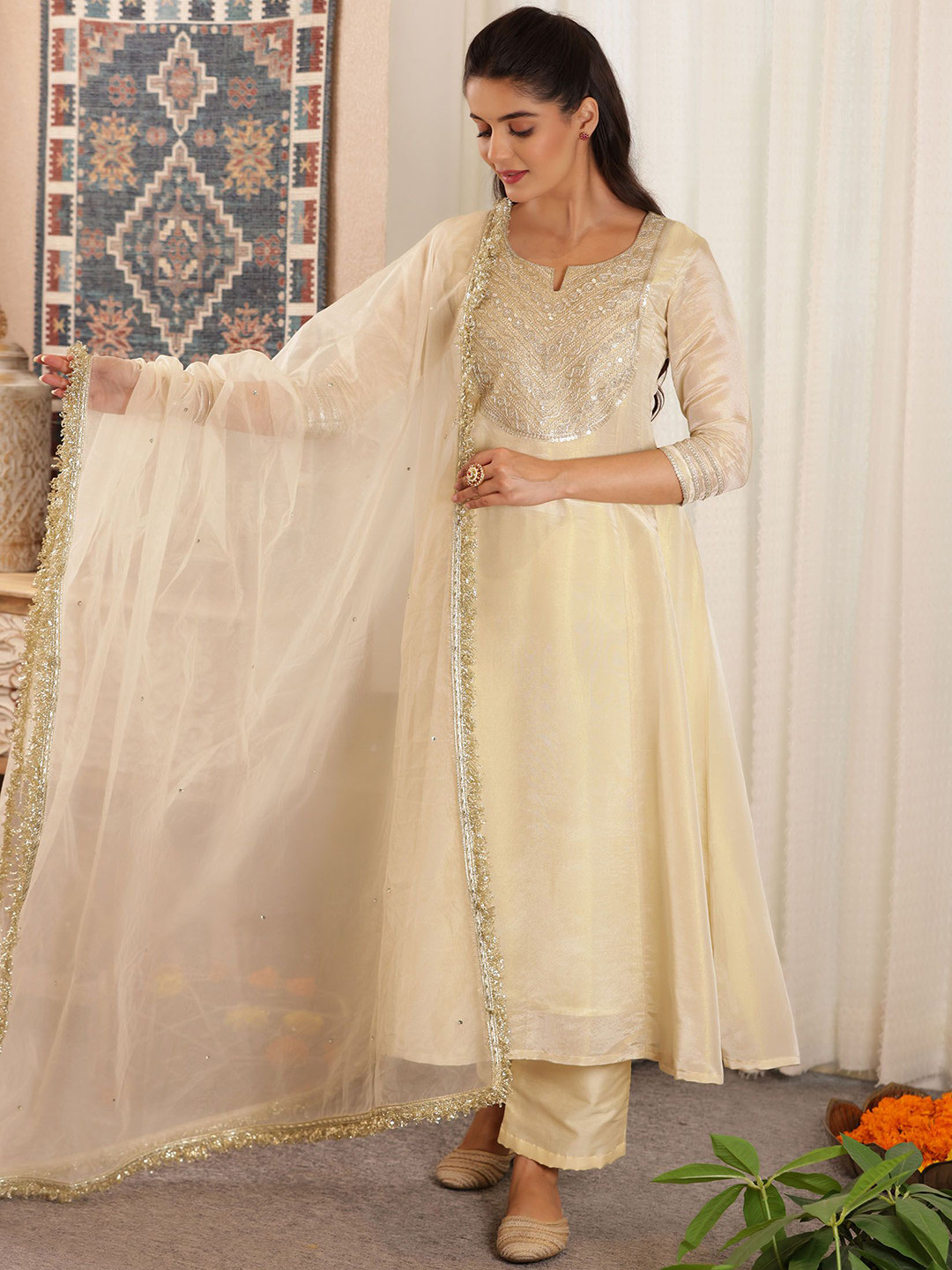 SAJILO Ethnic Motifs Art Silk Thread Work Notch Neck A-Line Kurta With Trousers & Dupatta