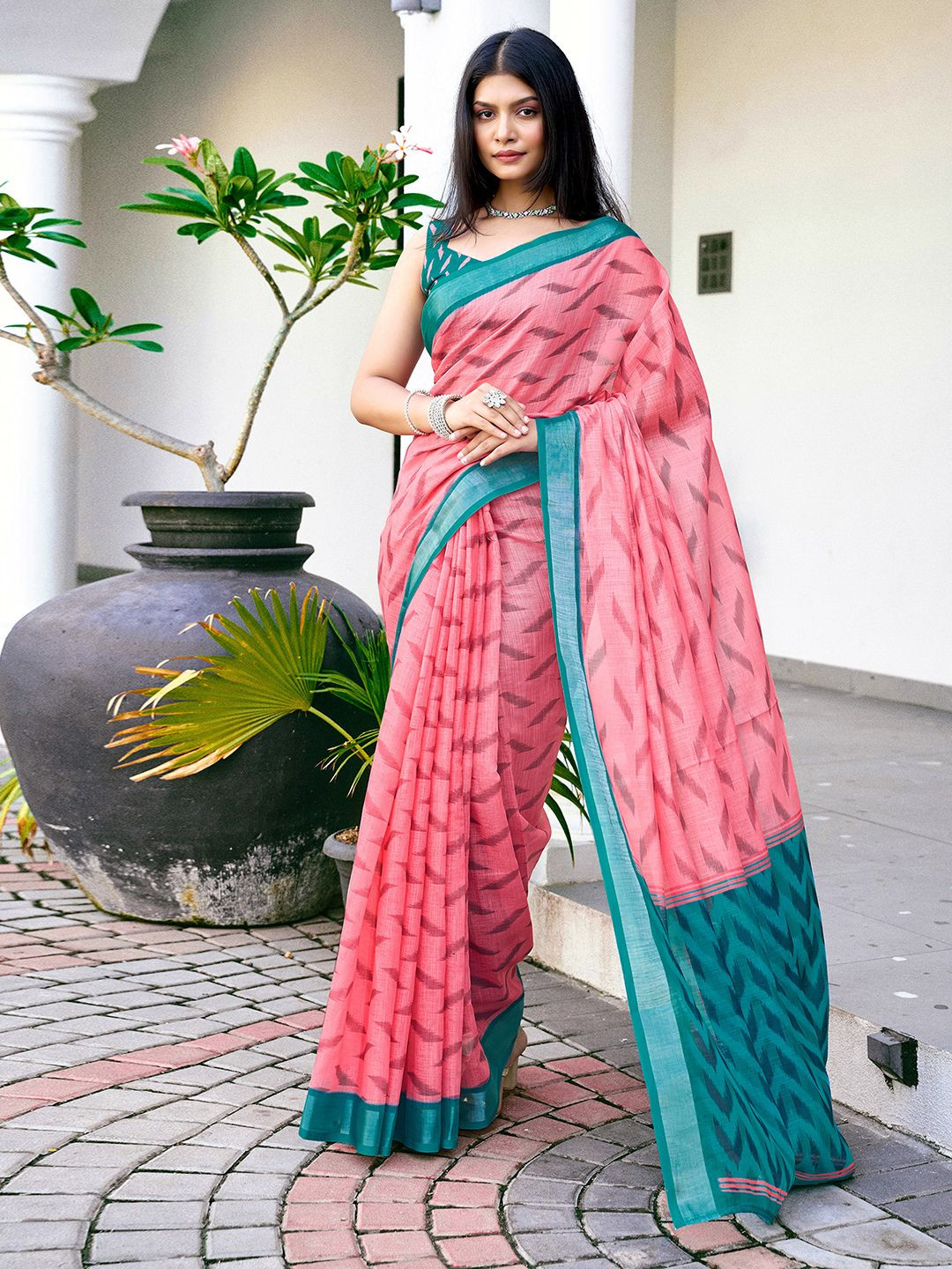 KALINI Abstract Prined Pure Linen Ikat Saree