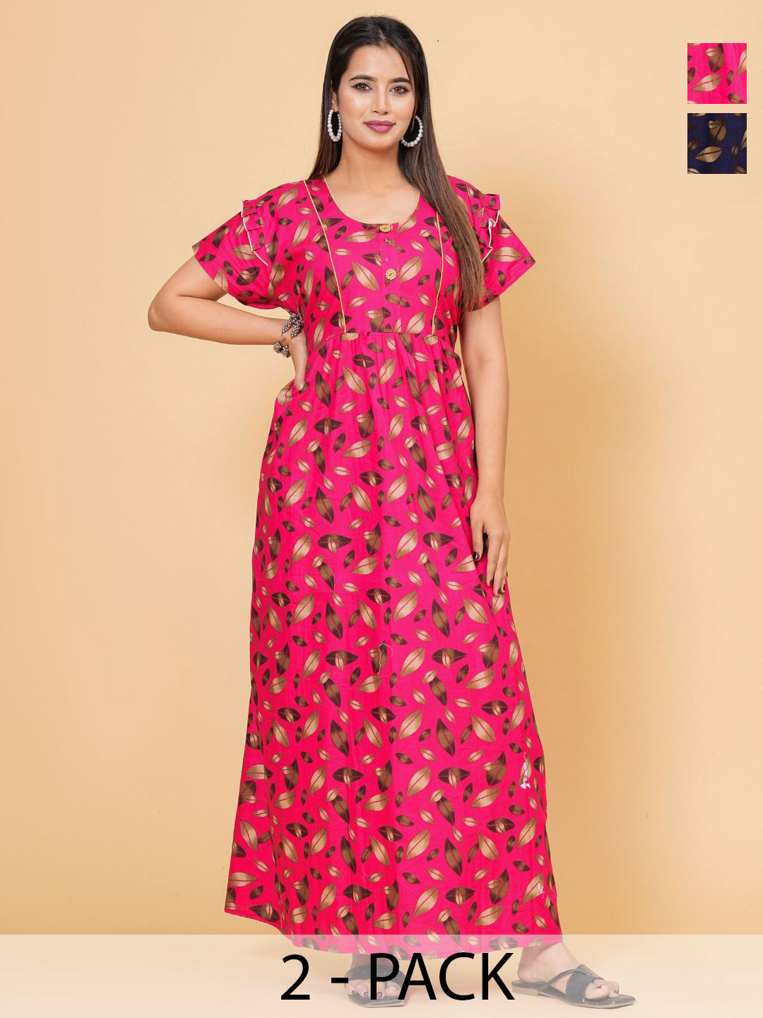 HARGUN NIGHT WEAR Pack Of 2 Leaves Printed Frock Style Cotton Maxi Nightdress