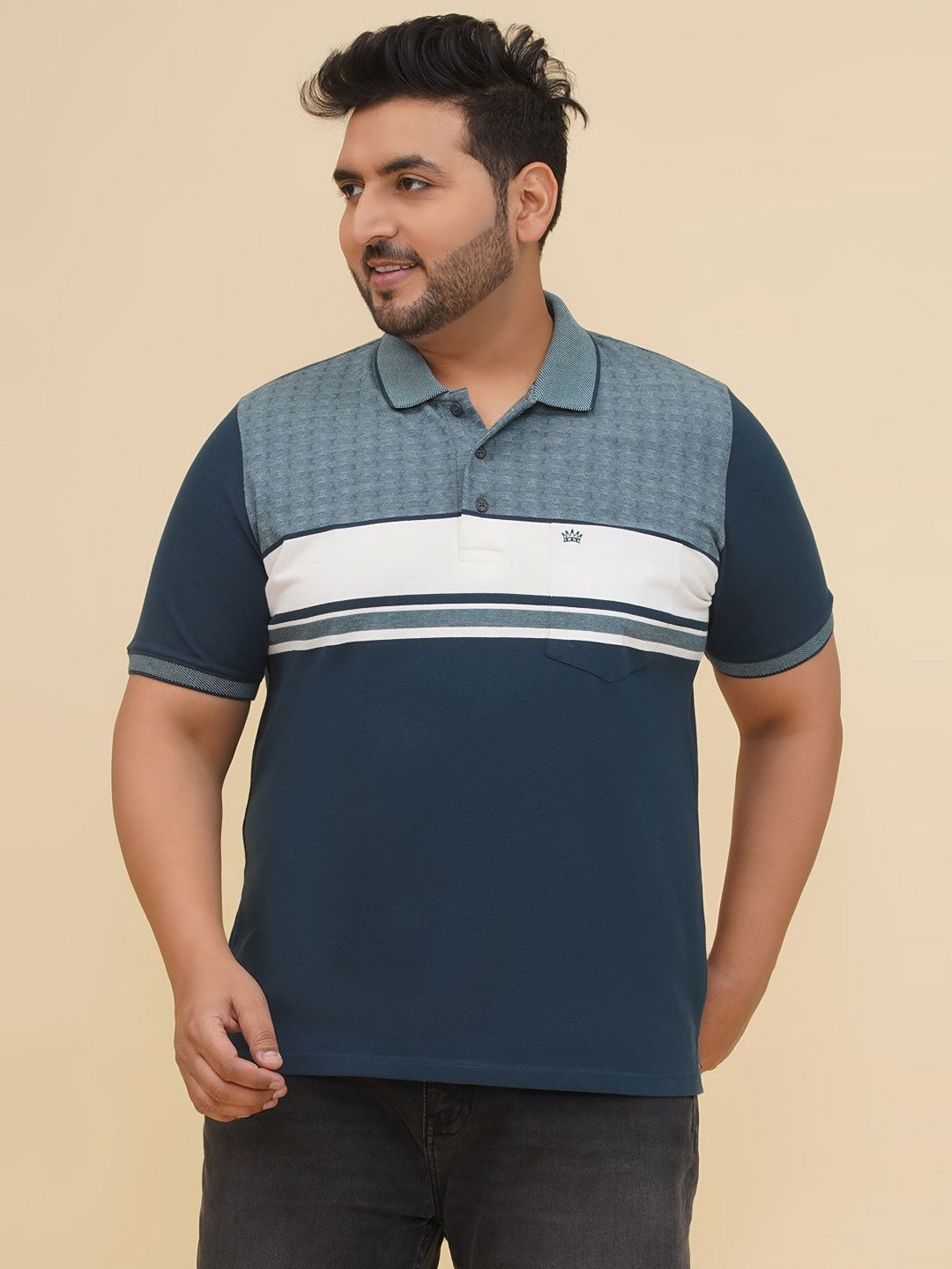 John Pride Plus Size Striped Polo Collar Pocket Detail Pure Cotton T-Shirt