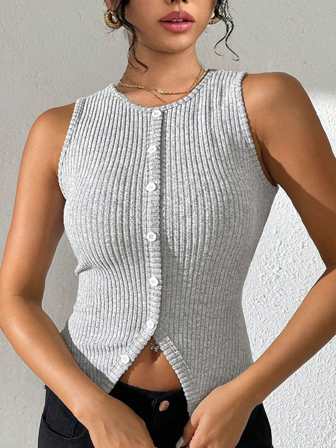 Outzidr Grey Tight Ribbed Button Down Top