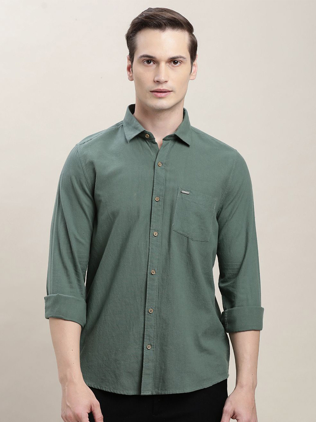 Turtle Spread Collar Long Sleeves Cotton Relaxed Slim Fit Casual Shirt