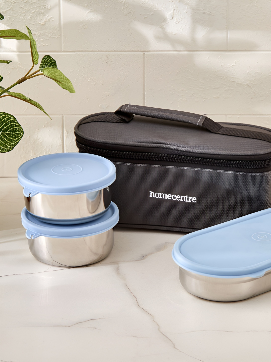Home Centre Korobka Taze Stainless Steel Dishwasher Safe 3PCs Lunch Box With Spoon & Fork