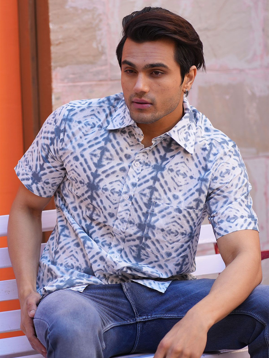 Style Matters Tie and Dye Printed Spread Collar Short Sleeves Casual Cotton Shirt