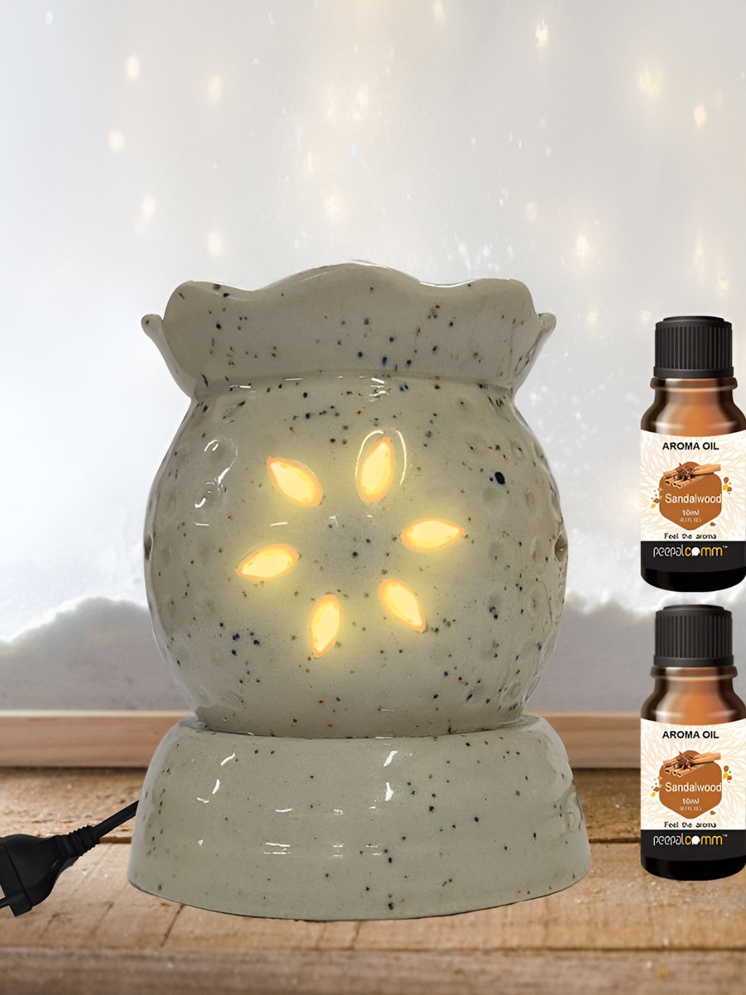 PEEPALCOMM 3Pcs White Electric Flower Round Diffuser With Sandalwood Oils - 10 ml Each