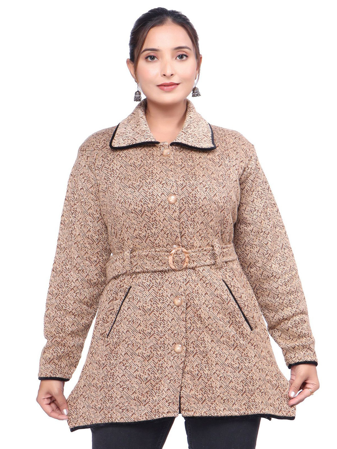 WOOL 4U Women Printed Woollen Cardigan with Belted Detail