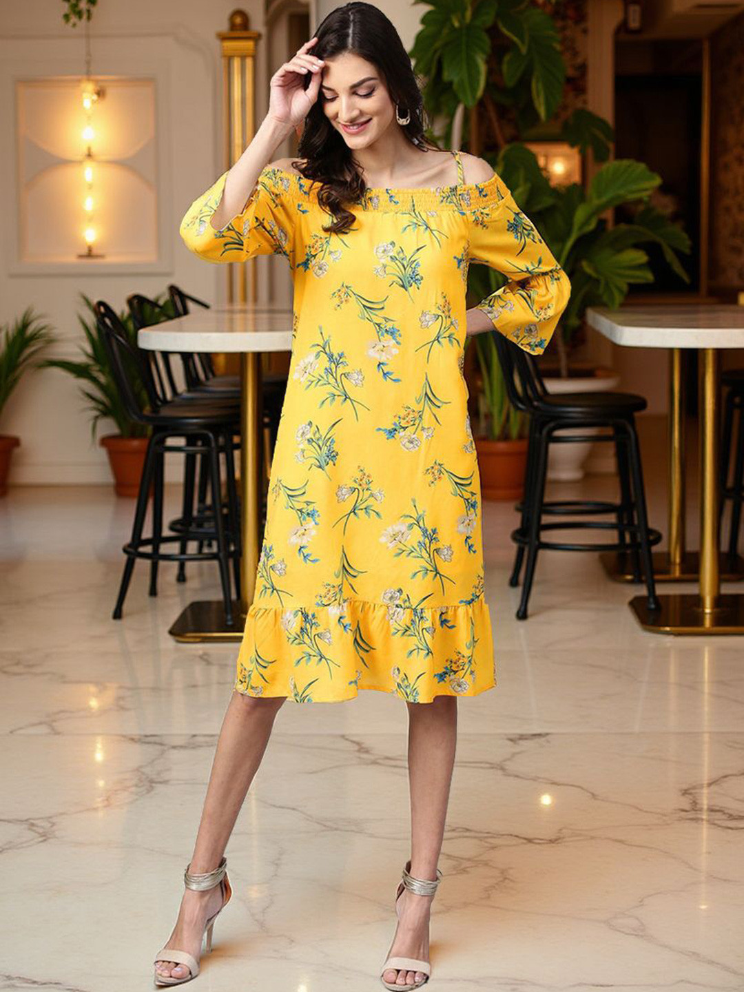 Zima Leto Print Off-Shoulder Three-Quarter Dress