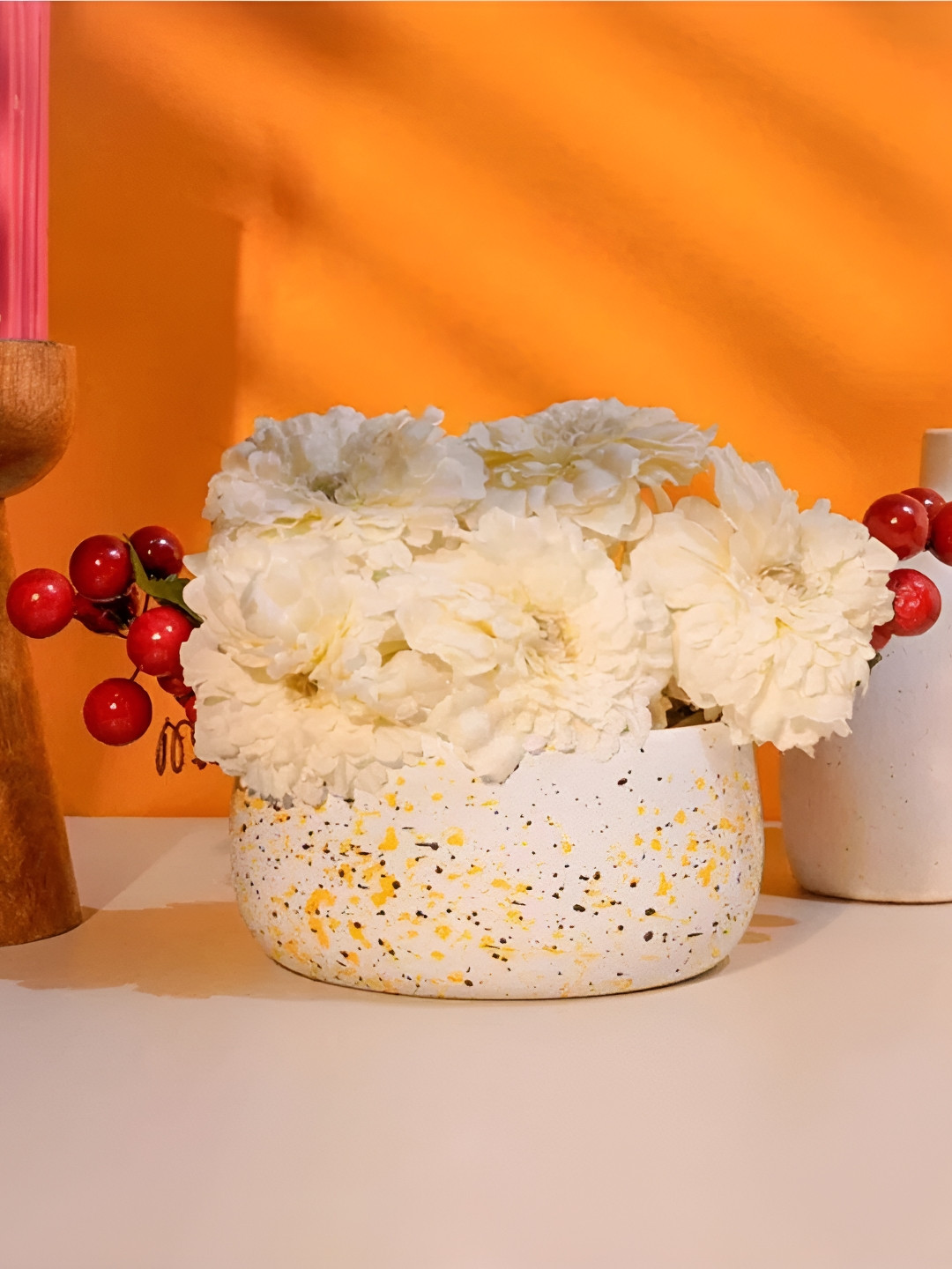 VoiDrop White & Yellow Printed Round Handi Flower Planter With Pot Drainage Hole