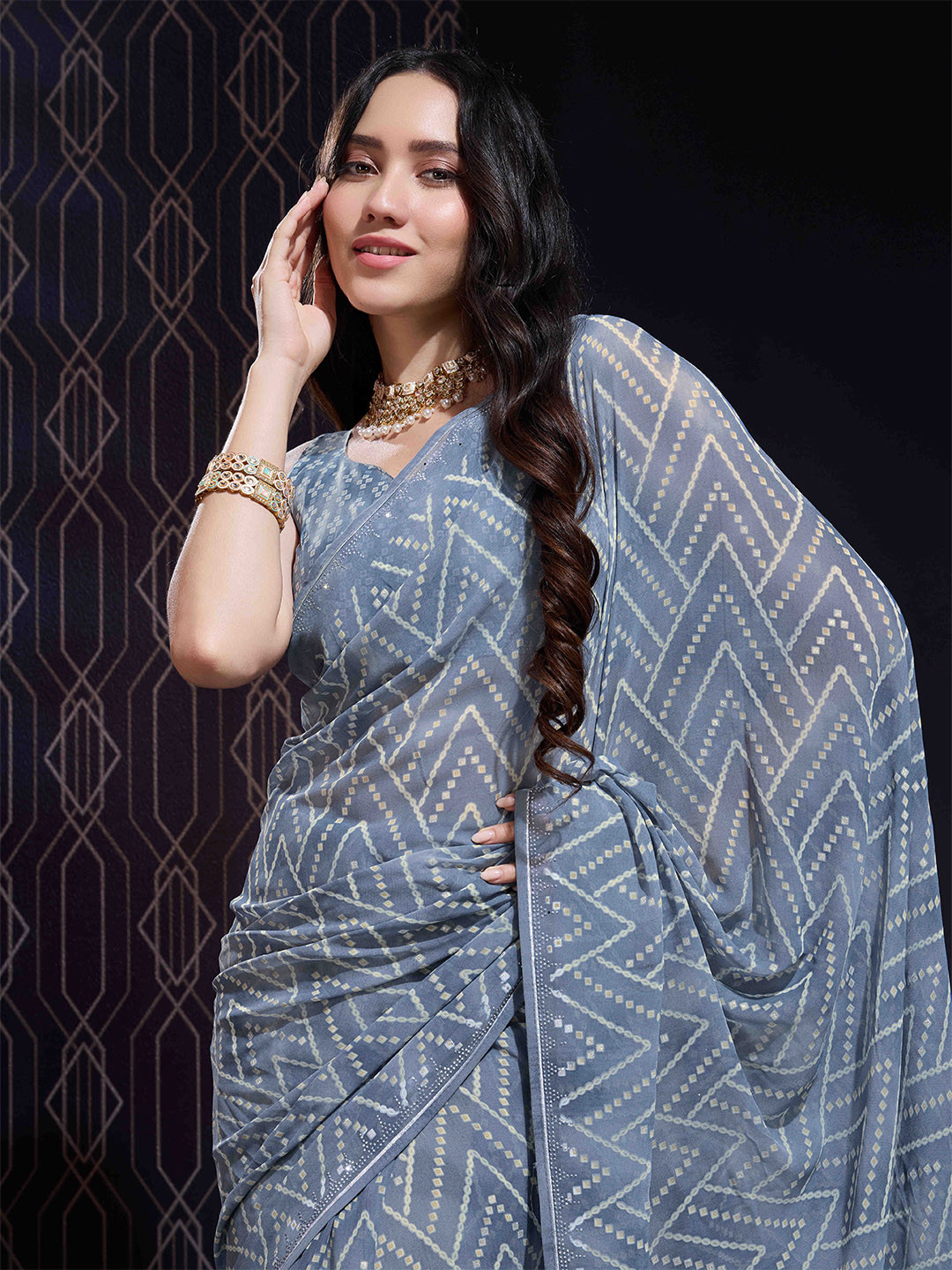 Ethnielle Geometric Print Saree  & Blouse Piece