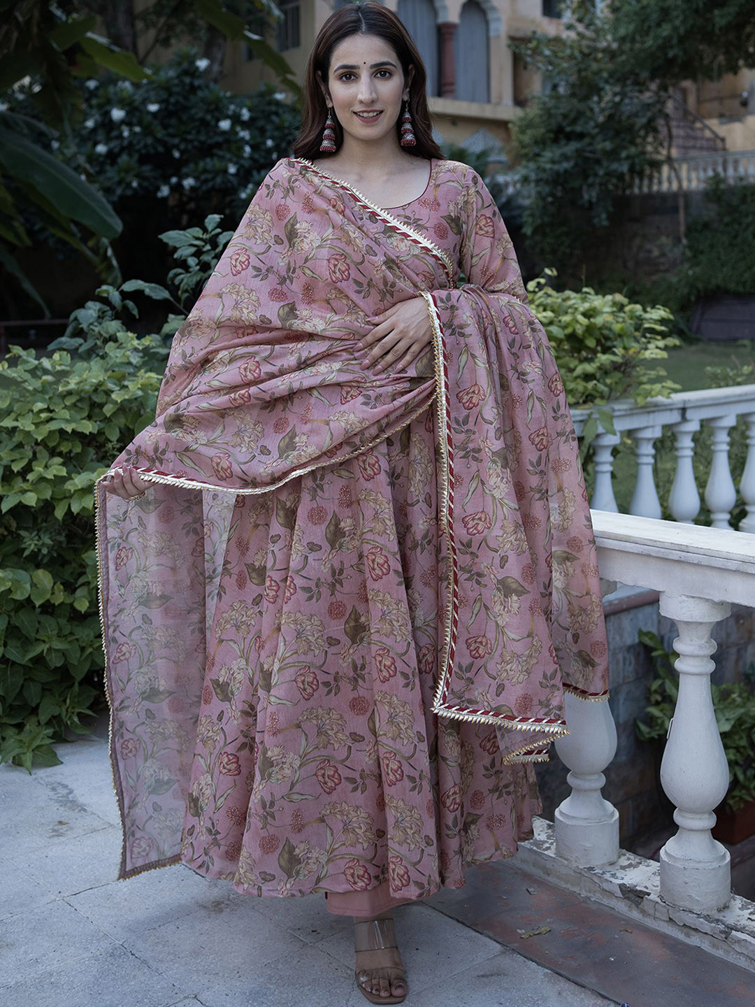 SAJILO Floral Printed Round Neck Anarkali Kurta With Trousers & Dupatta