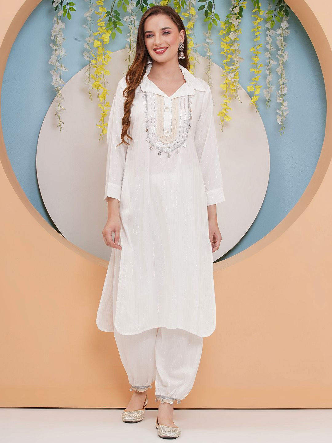 LABEL KASHI Women Floral Embroidered Thread Work Pure Cotton Kurta with Trousers