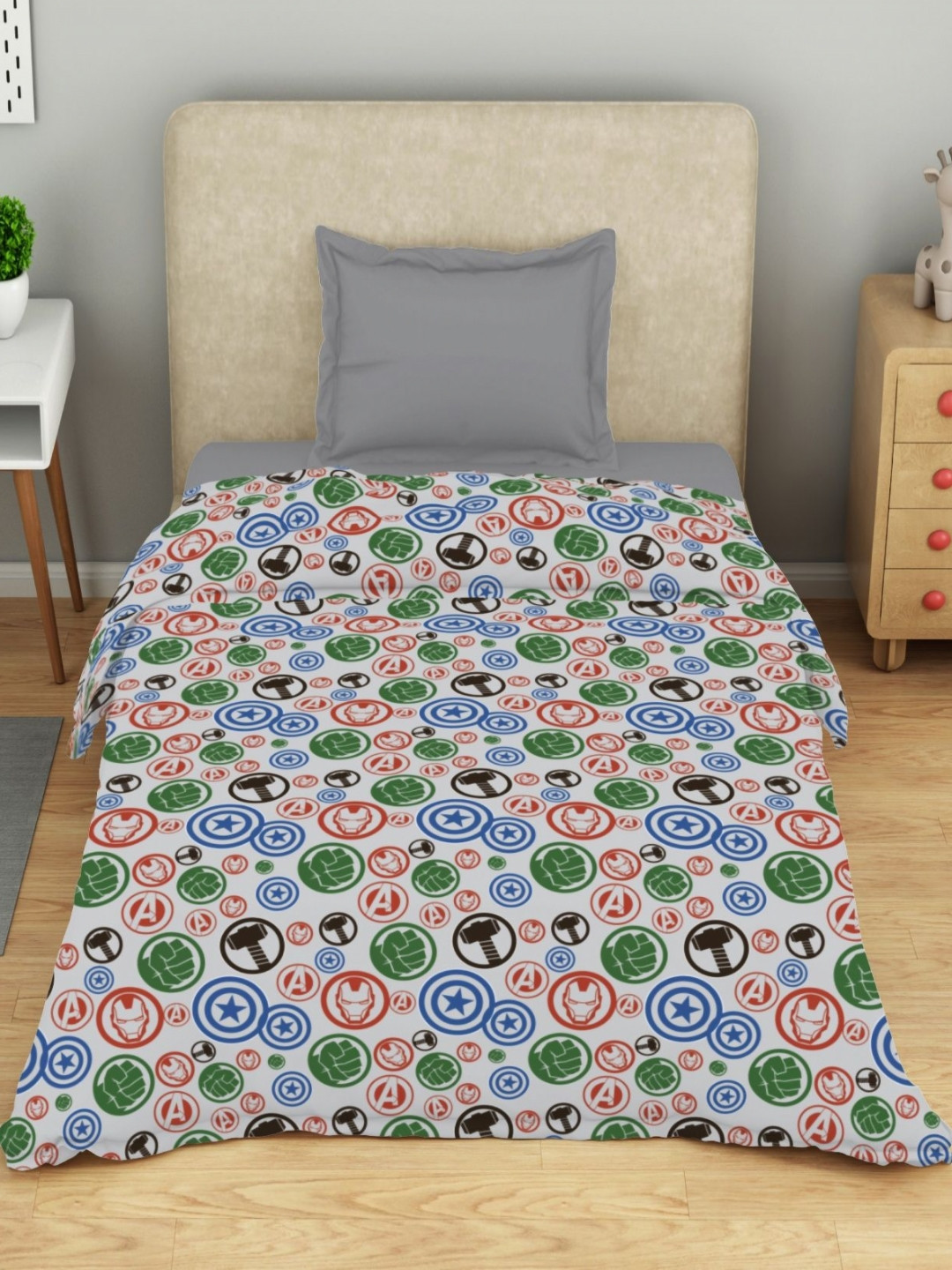 SPACES Kids Grey & Green Cartoon Printed Pure Cotton AC Room Double Bed Comforter