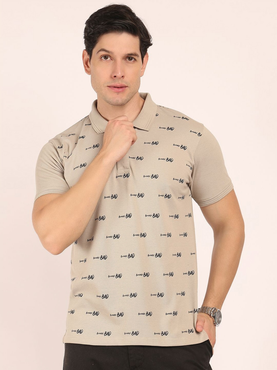 BUNCH OF BAD Brand Logo Printed Polo Collar Cotton T-shirt