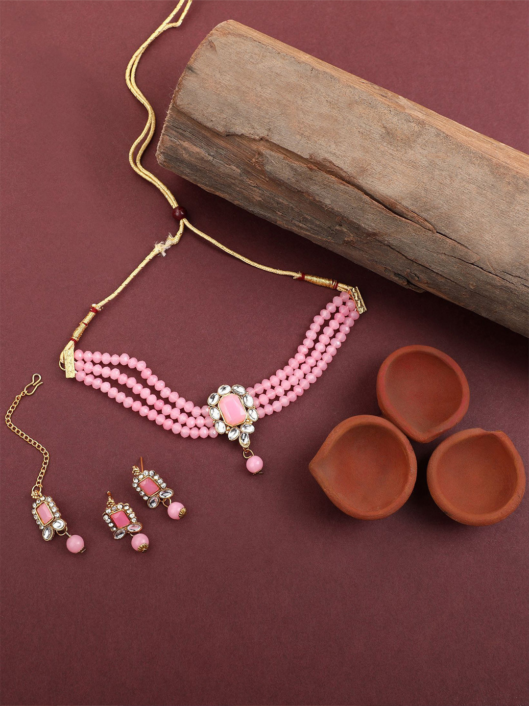 EVY Pink Crystal Artificial Beads Kundan Jewellery Set