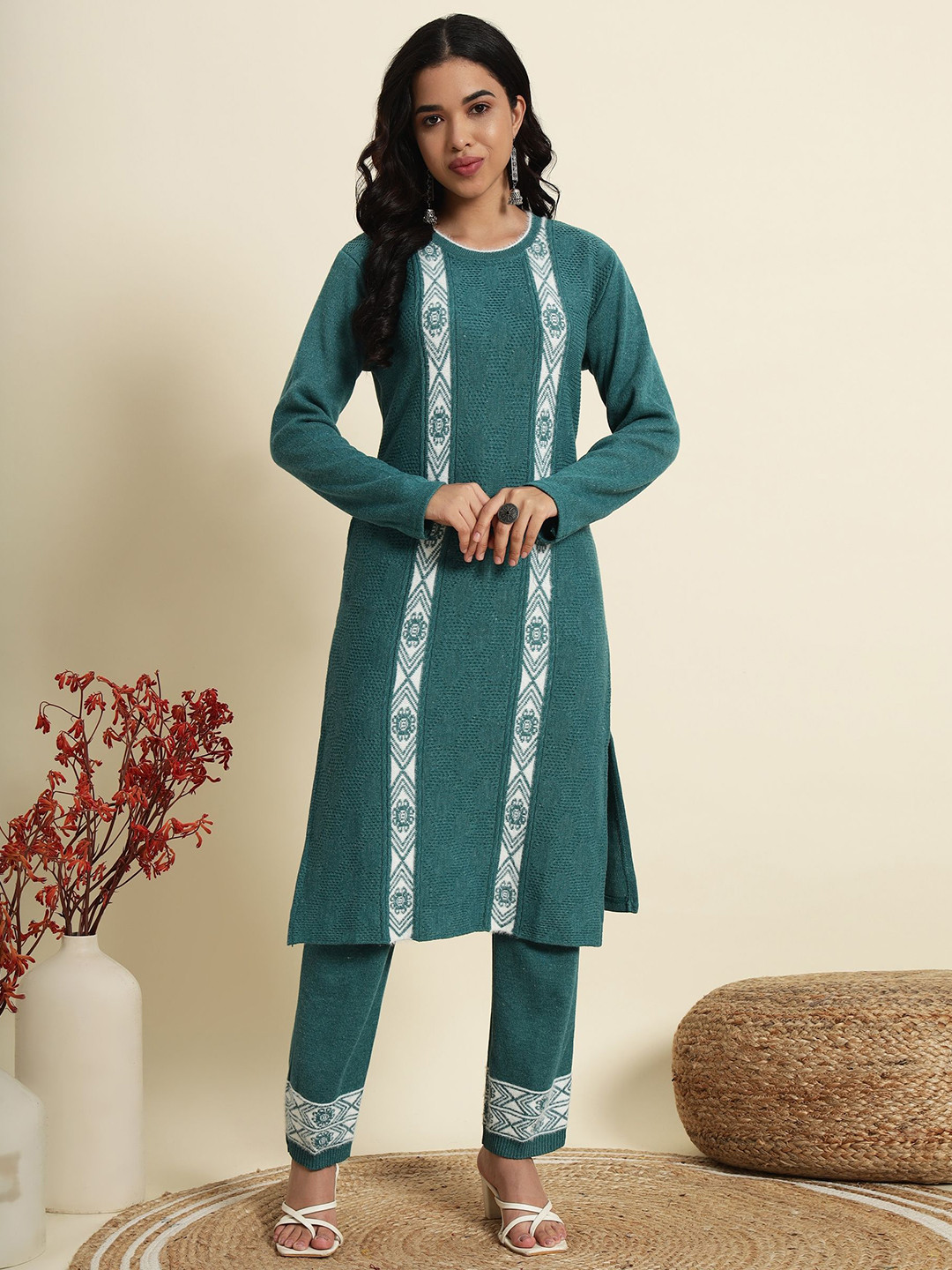 BUDAPEST Women Woven Design Round Neck Regular Pure Wool Kurta with Trousers
