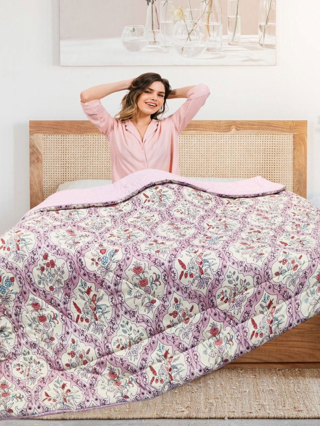 Aura Black & Pink Floral Printed 300 GSM Microfiber AC Room Double Bed Comforter