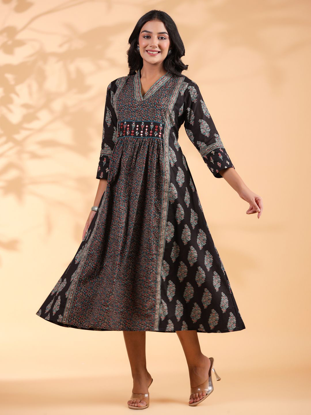 KALINI Floral Printed A-Line Pure Cotton Dress