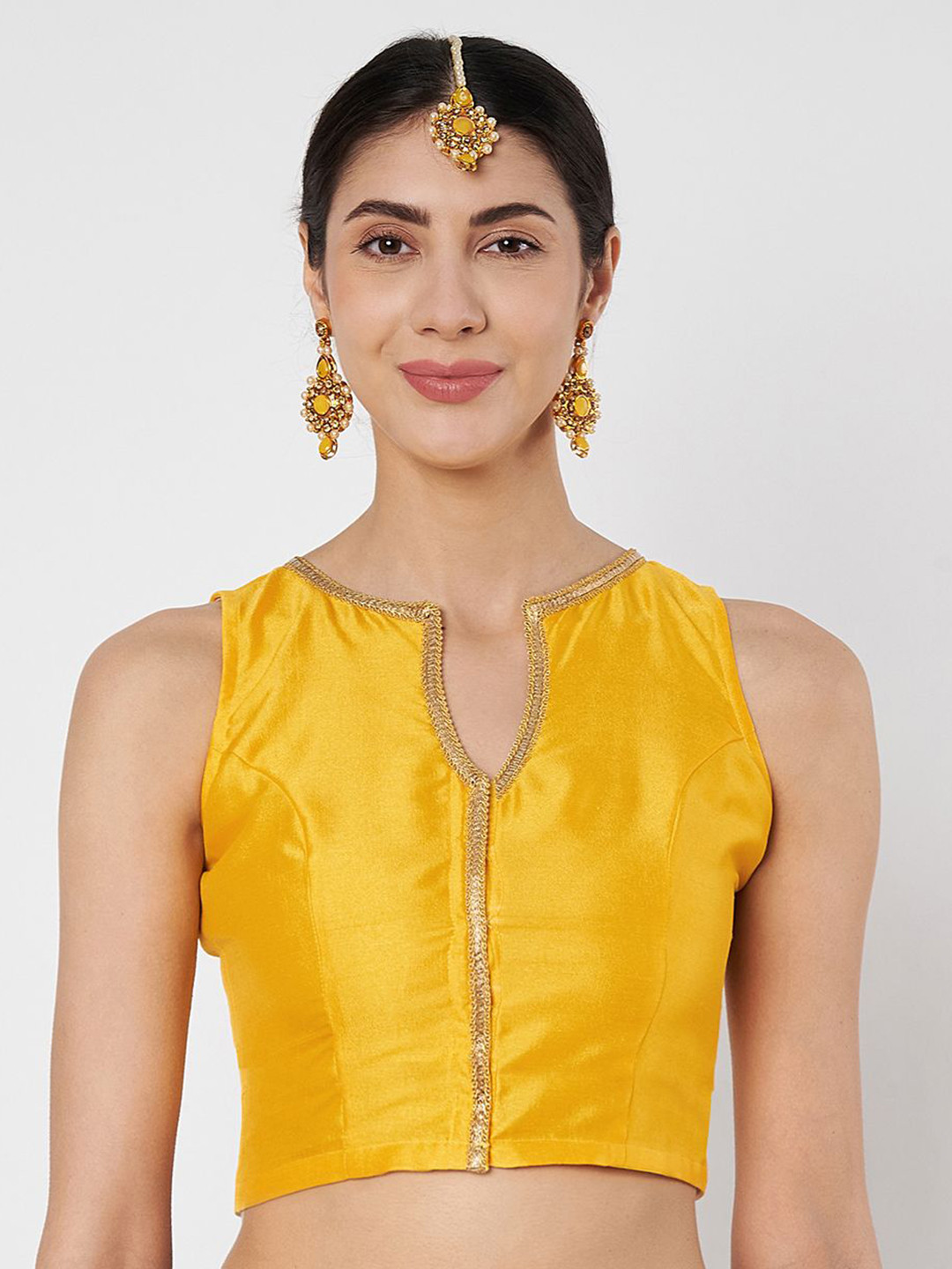 studio rasa Embellished Notch Neck Sheen Front Open Ethnic Top