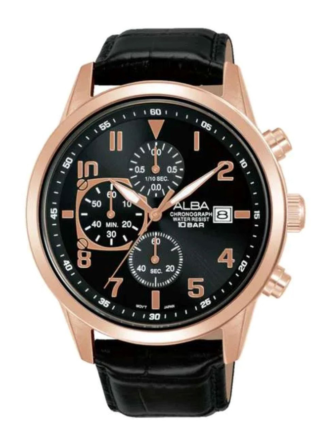 Alba by seiko Chronograph Watch Rose Gold Case & Black Leather Strap AM3A14X1