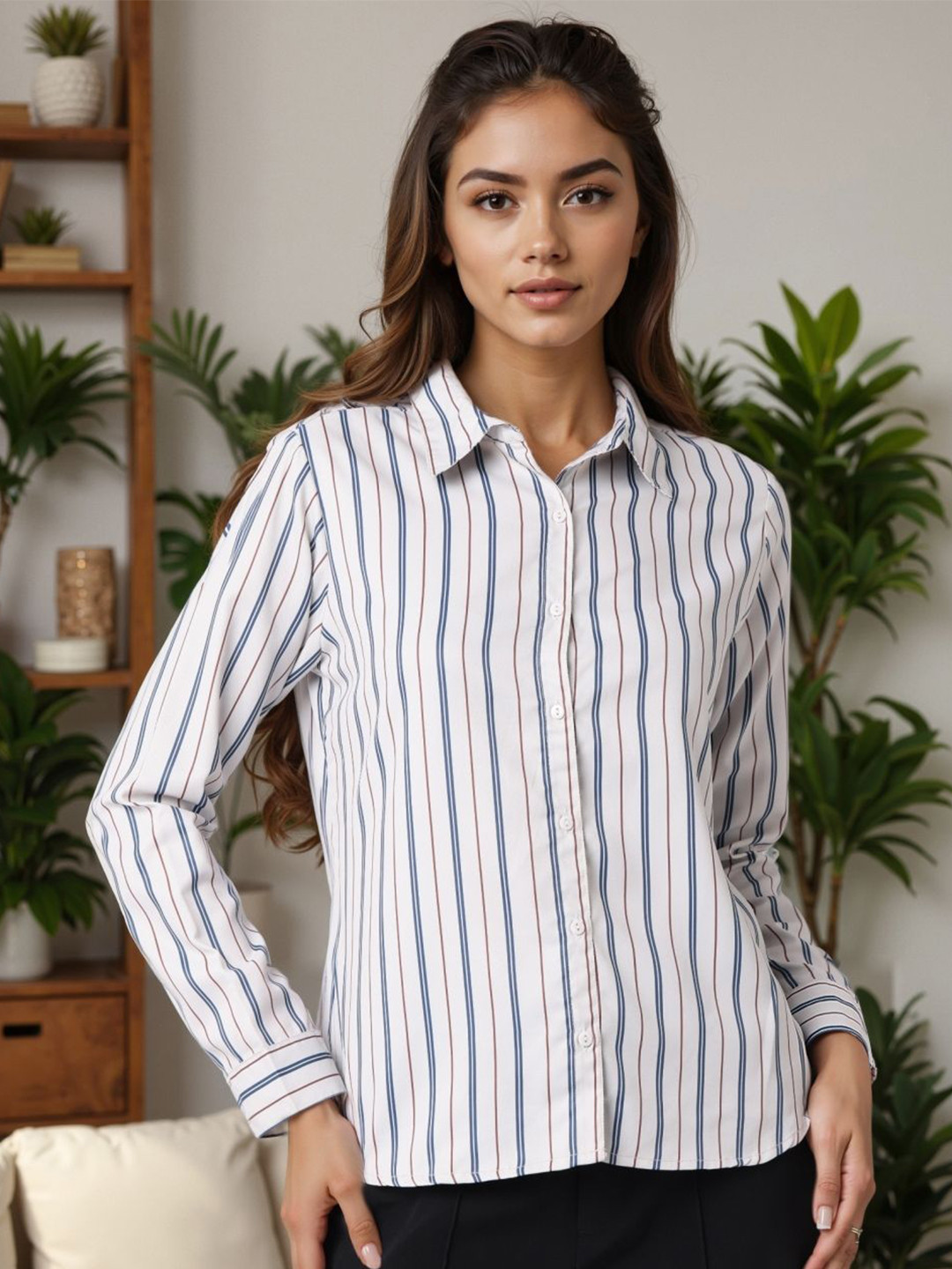 Style Quotient Vertical Stripes Spread Collar Long Sleeves Formal Shirt