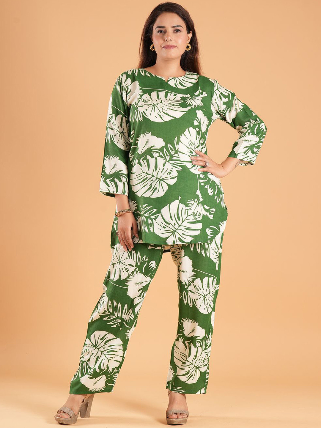 Based Leaf Printed Pure Cotton Tunic With Trouser Co-Ords
