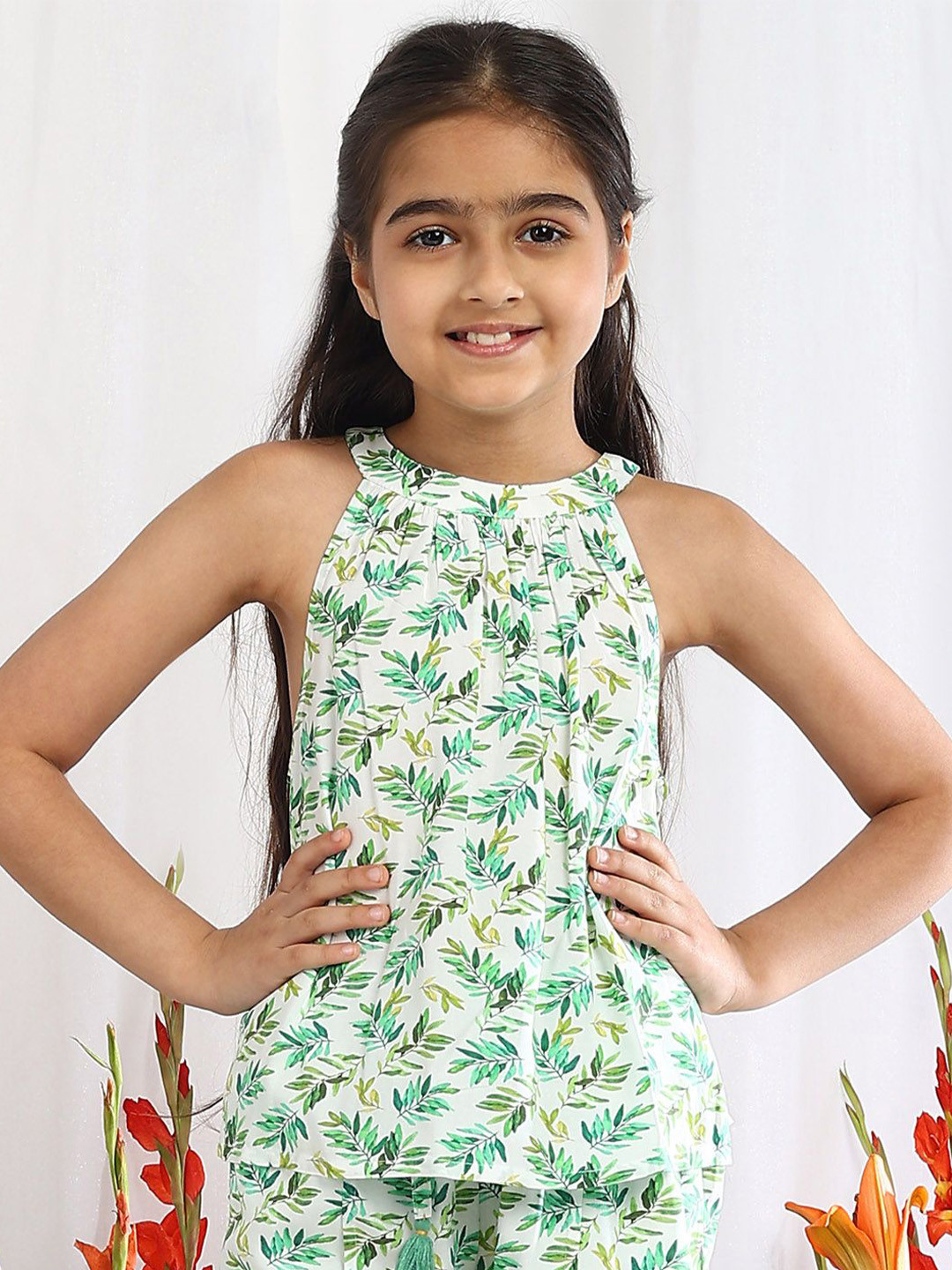 The Tribe Kids Floral Print Round Neck Sleeveless Cotton A-Line Top