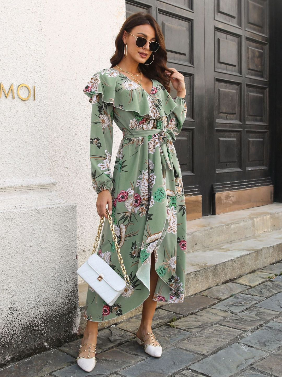 all about you Floral Printed Ruffle Puff Sleeve A-Line Midi Dress