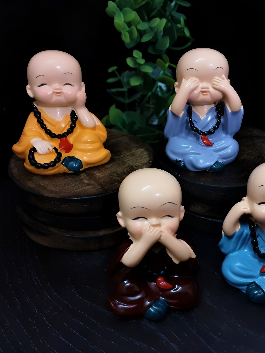 Afterstitch Baby Buddha Monk with Mala Brown Polyresin Natural Living Room Set of 4 Small Showpieces - 2.4 Inches