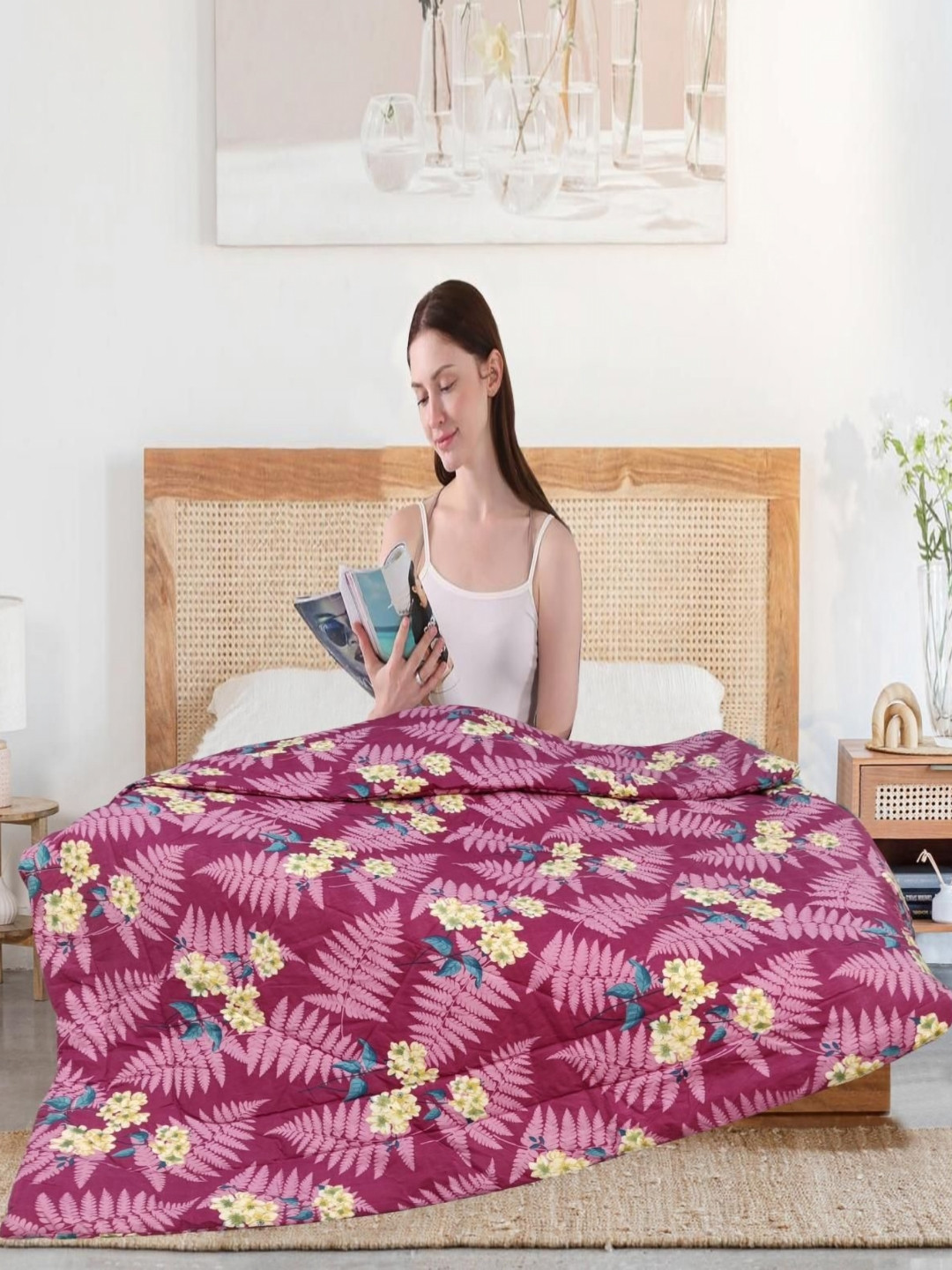Aura Pink & Yellow Floral Printed Microfiber 300 GSM AC Room Double Bed Comforter