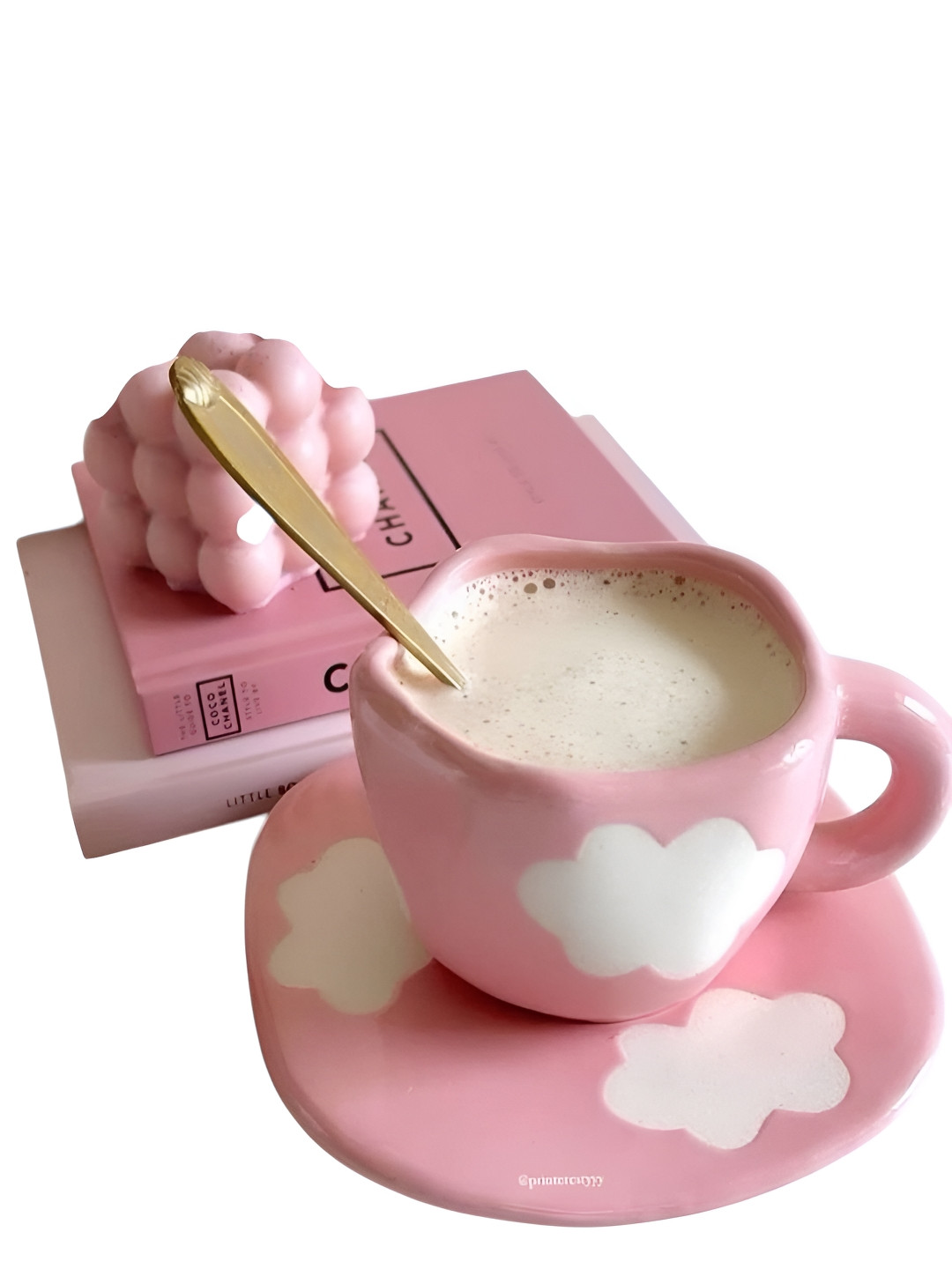 Dainty Little Shop Pink & White Cloud Design Ceramic Mug & Saucer Set