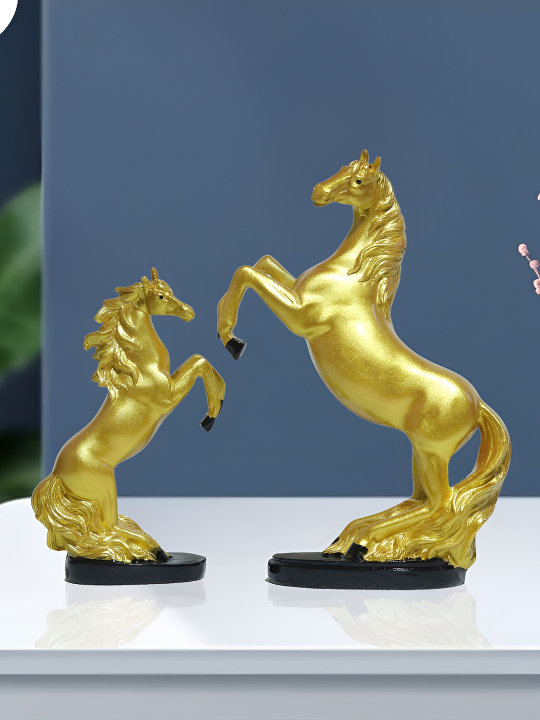 Aura Horse Gold Marble Glossy Living Room Set of 2 Large Showpieces - 10.6 Inches