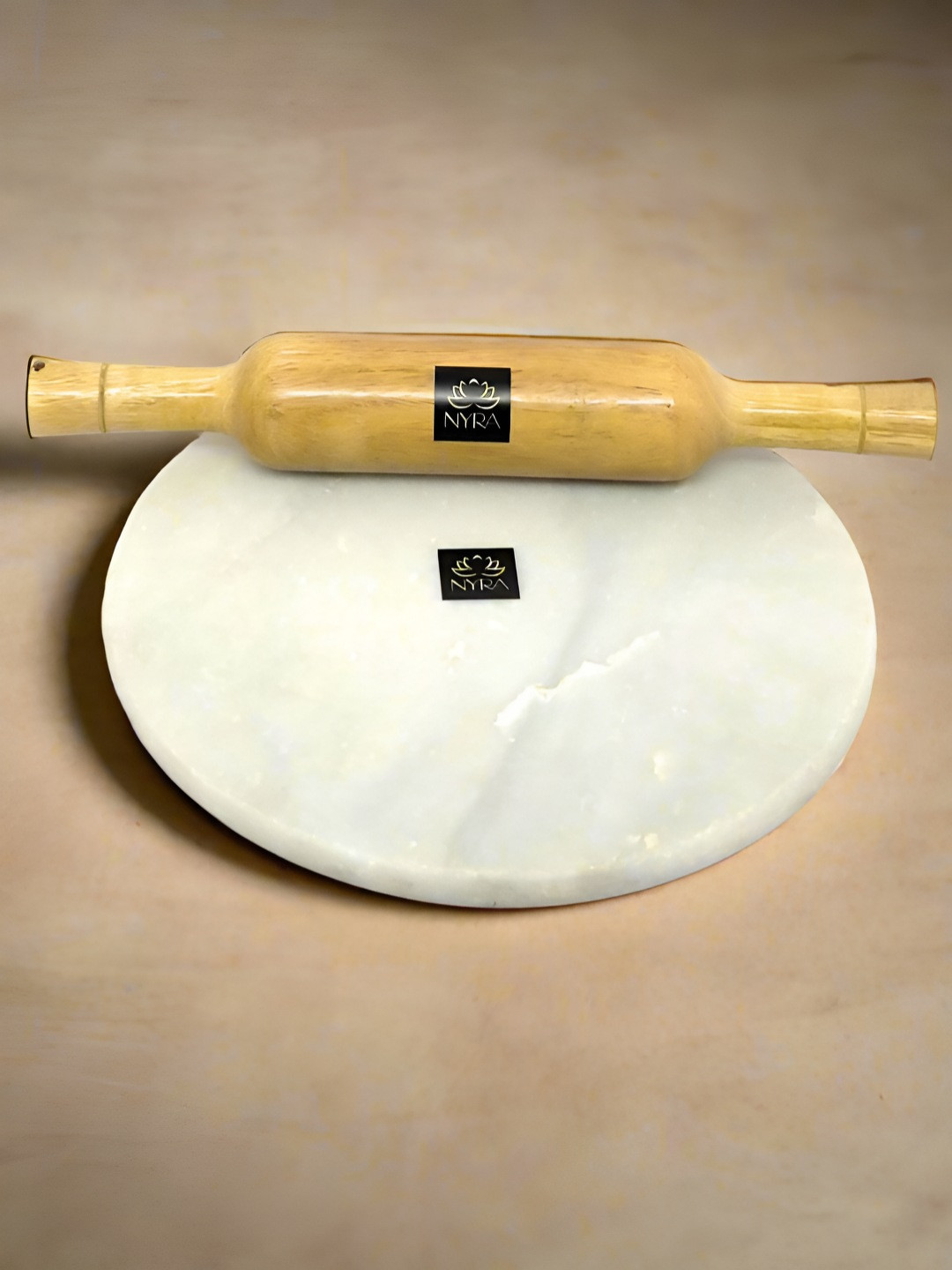 Nyra Kitchenware White & Brown Marble Rolling Pin With Board