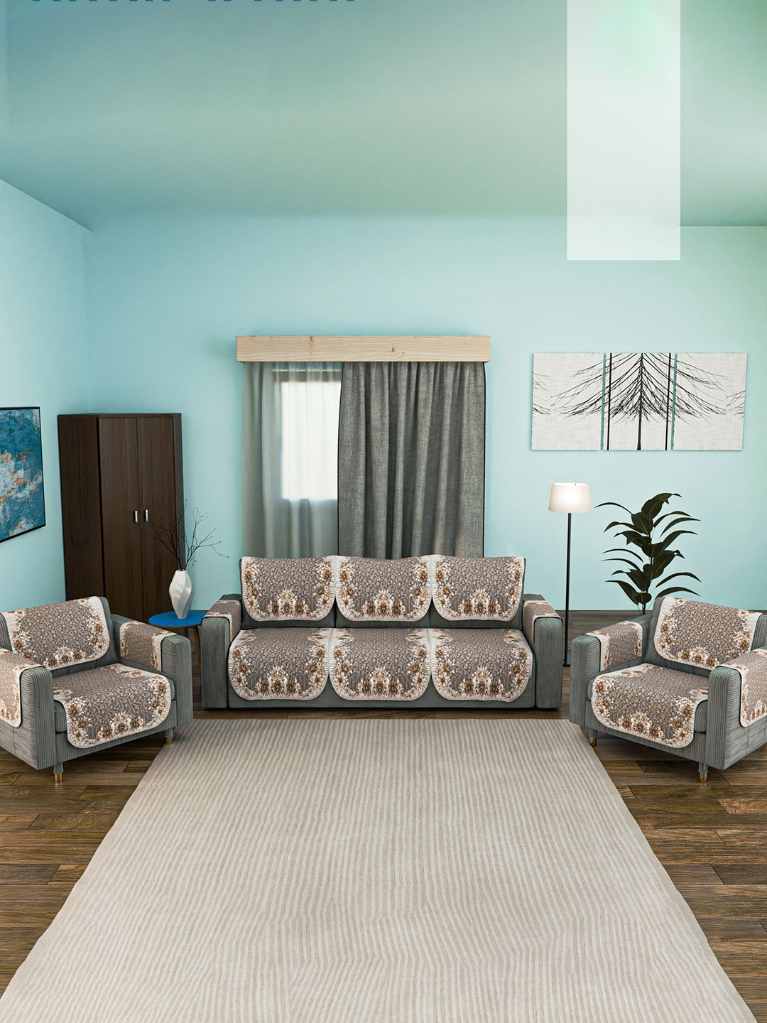 Kuber Industries Set of 16 Quilted Sofa Cover 5-Seater with Arm Cover Flower Border Golden