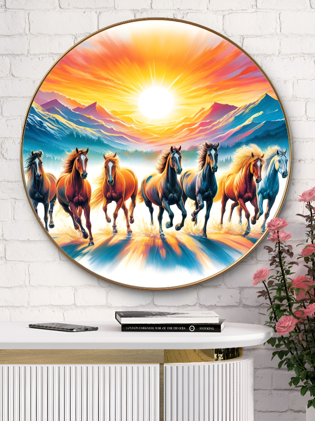 Myntra Elegant Homes White & Blue 7 Running Horses Wooden Painting Wall Art