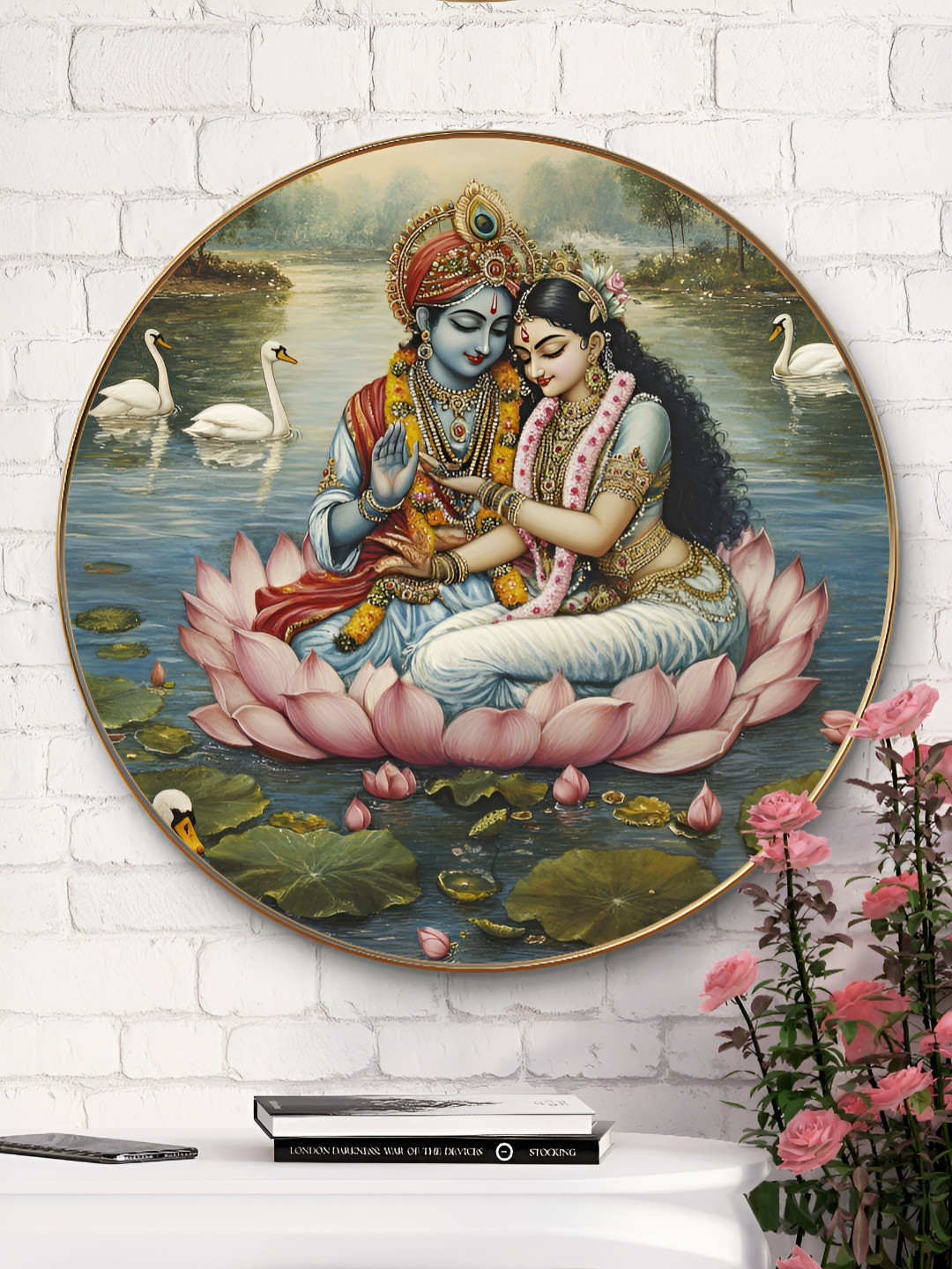 Livin'luxe Blue & Green Radha Krishna on Lotus Religious Wooden Wall Art