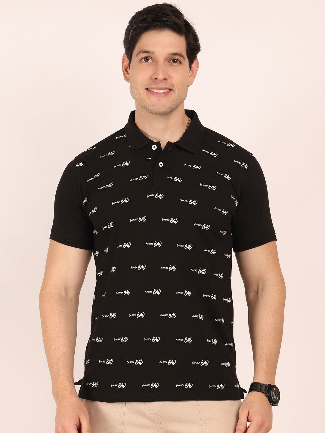 BUNCH OF BAD Brand Logo Printed Polo Collar Cotton T-shirt