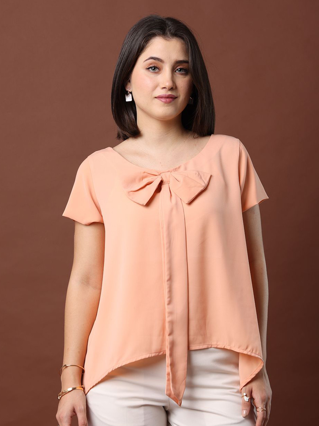 MYND Round Neck Cap Sleeves Styled Back Top