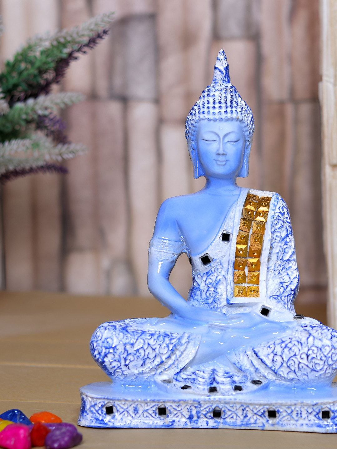 Aura Meditation Lord Buddha Blue Marble Glossy Garden Small Showpiece - 9.4 Inches